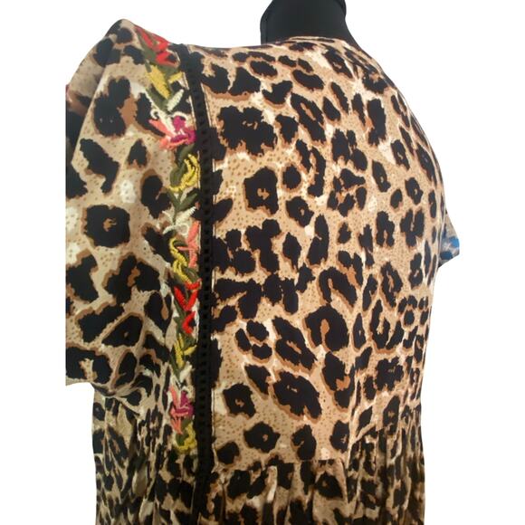 THML Embroidered Boho Top Small Leopard Print Mixed Pattern Tassel Blouse Artsy - Picture 4 of 11